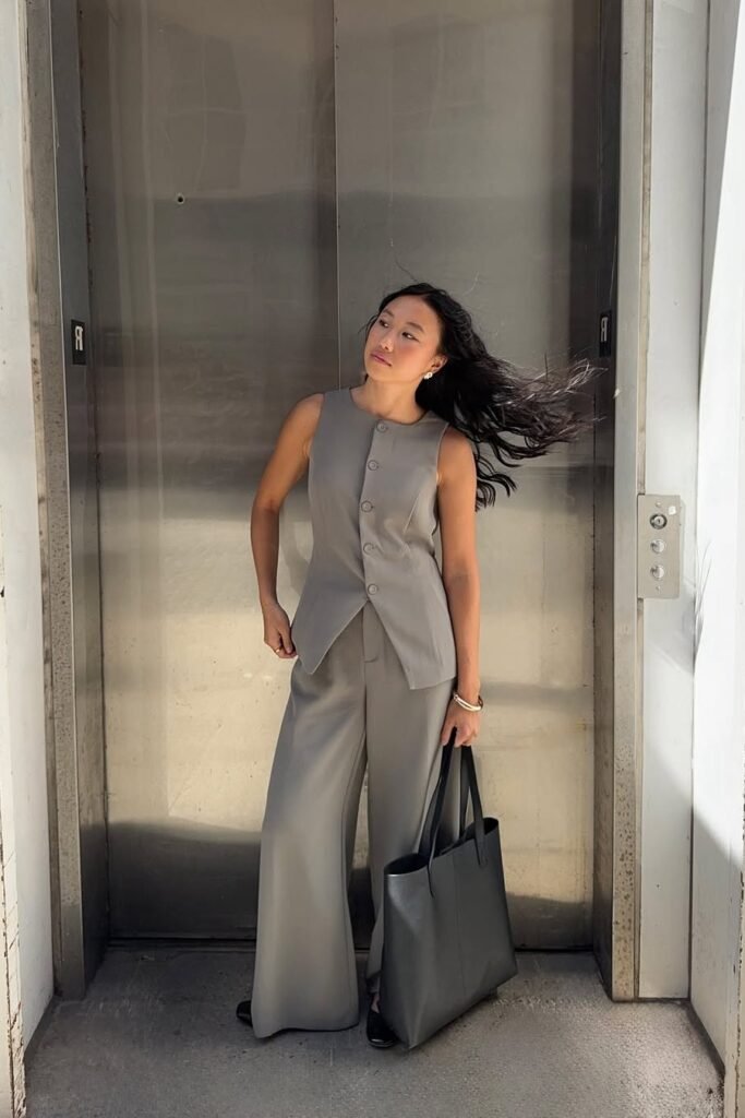 Grey Sleeveless Button-Up Vest + Matching Grey Wide-Leg Trousers + Black Loafers