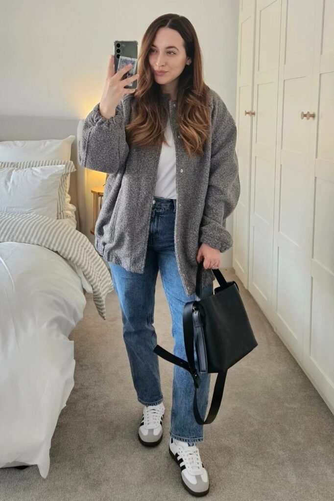 Grey Textured Button-Up Jacket + Straight-Leg Blue Jeans + White and Black Sneakers