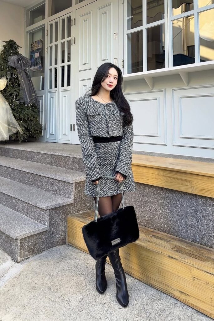 Grey Tweed Jacket and Mini Skirt Set + Black Sheer Tights + Black Pointed-Toe Boots