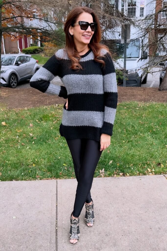 Grey and Black Striped Knit Sweater + Black Satin Leggings + Snakeskin Print Peep-Toe Booties