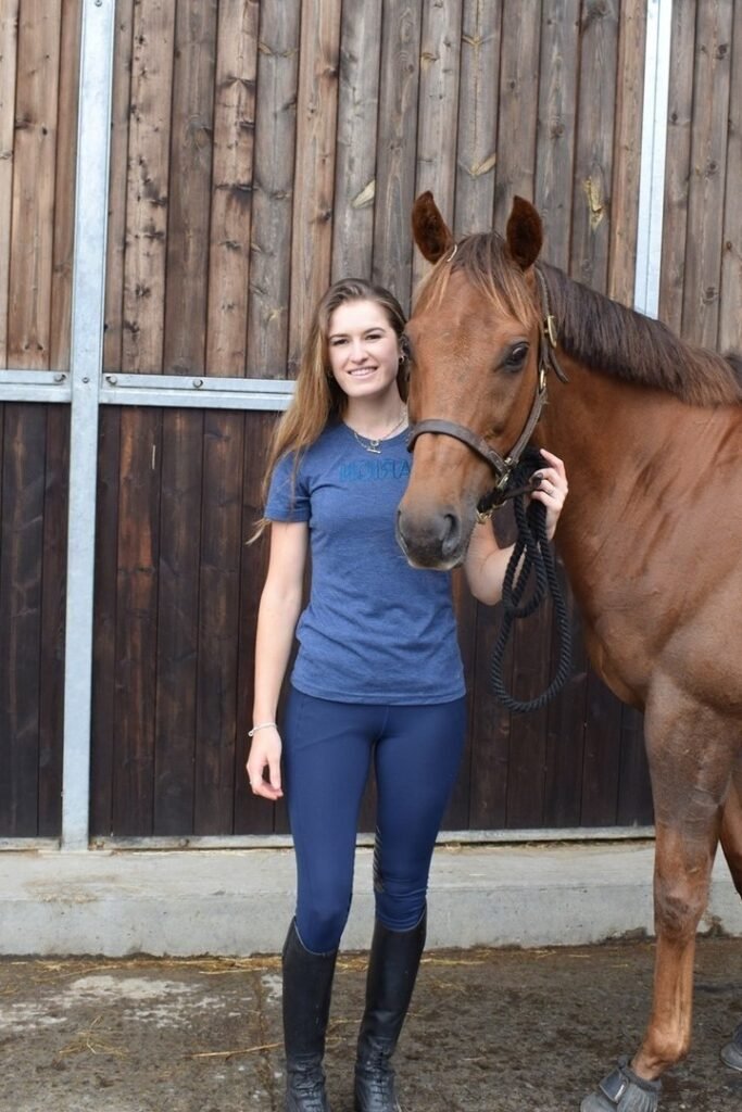 Heathered Blue T-Shirt + Navy Equestrian Breeches + Black Tall Riding Boots