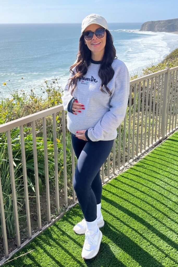Horizontal Striped Sweatshirt + Blue Leggings + White Sneakers