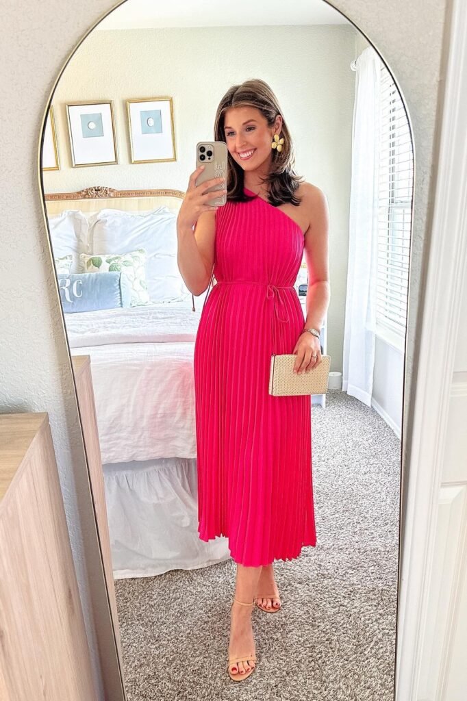 Hot Pink One-Shoulder Pleated Midi Dress + Tan Strappy Sandals + Straw Box Clutch