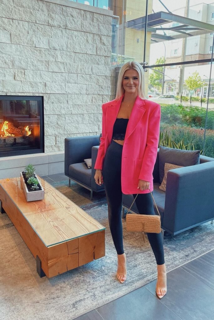 Hot Pink Oversized Blazer + Black Lace Bandeau + Black High-Waisted Leggings + Clear Strap Heels