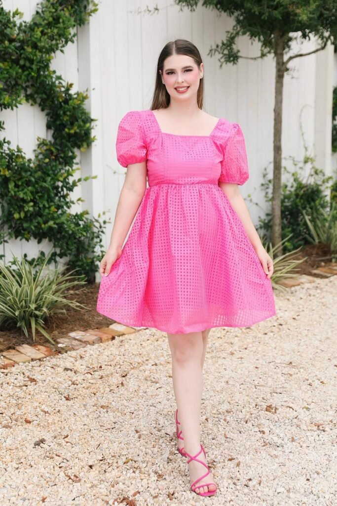 Hot Pink Square-Neck Gingham Mini Dress + Pink Strappy Heeled Sandals