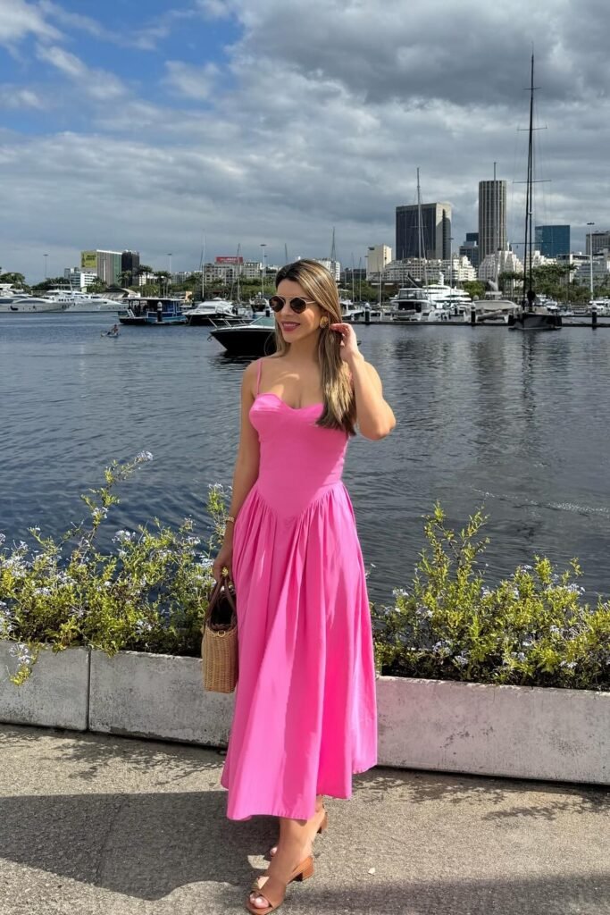 Hot Pink Sweetheart Neckline Midi Dress + Brown Block Heel Sandals + Woven Straw Bag