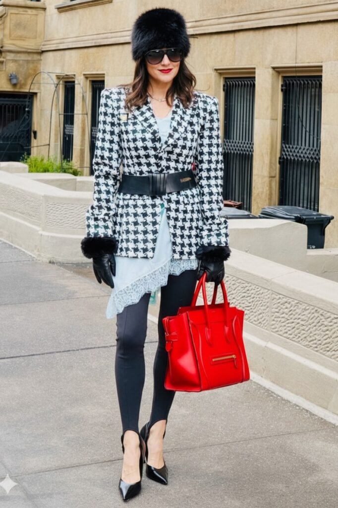 Houndstooth Blazer with Black Waist Belt + Black Stirrup Leggings + Black Pointed-Toe Pumps