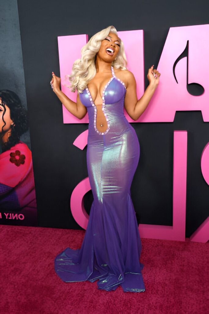 Iridescent Purple Mermaid Gown + Deep Plunging Neckline + Platinum Blonde Waves