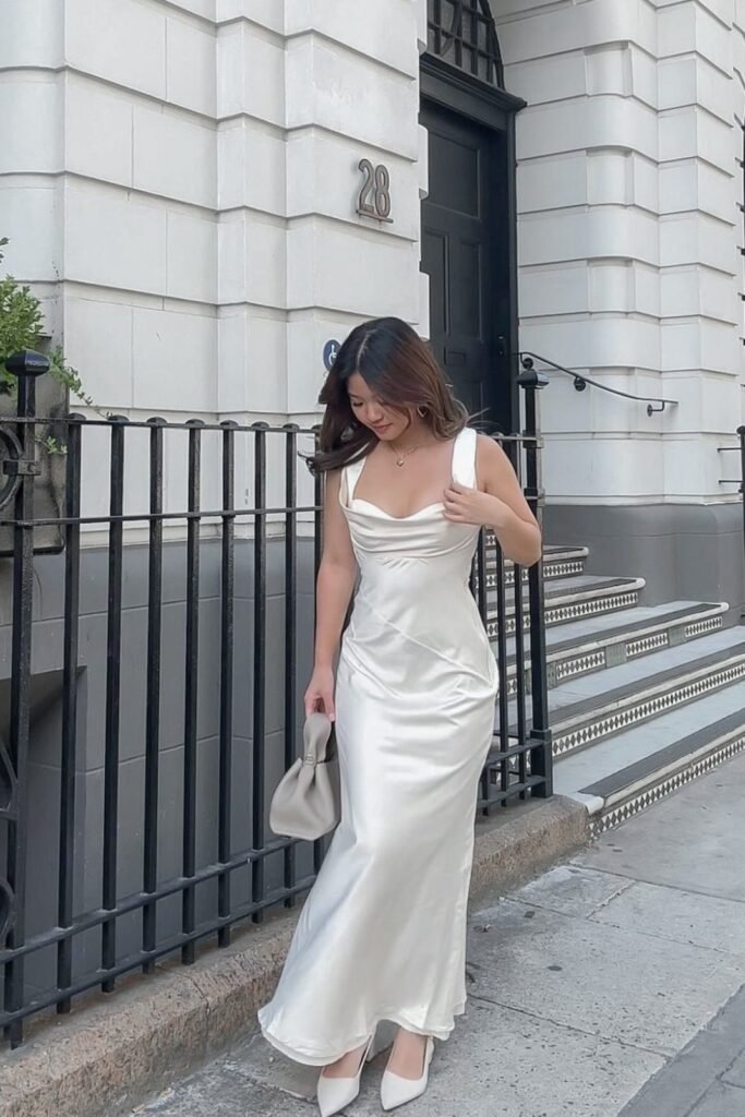 Ivory Cowl Neck Satin Maxi Dress + White Pointed Heels + Grey Top-Handle Bag