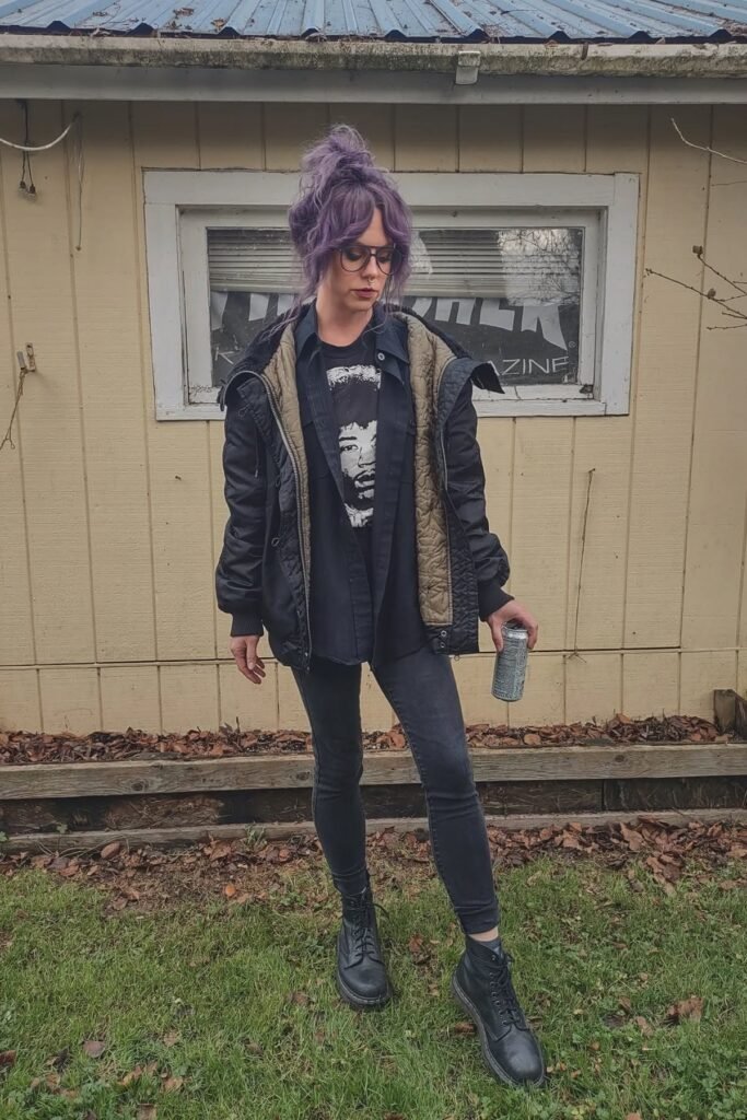 Jimi Hendrix Graphic T-Shirt + Dark Grey Skinny Jeans + Black Parka Jacket + Black Combat Boots