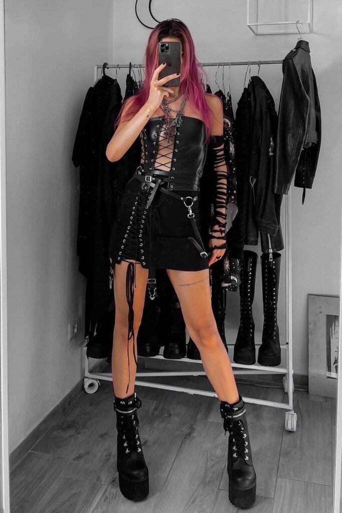 Lace-Up Faux Leather Bodice + Buckled Wrap Mini Skirt + Knee-High Distressed Arm Warmers
