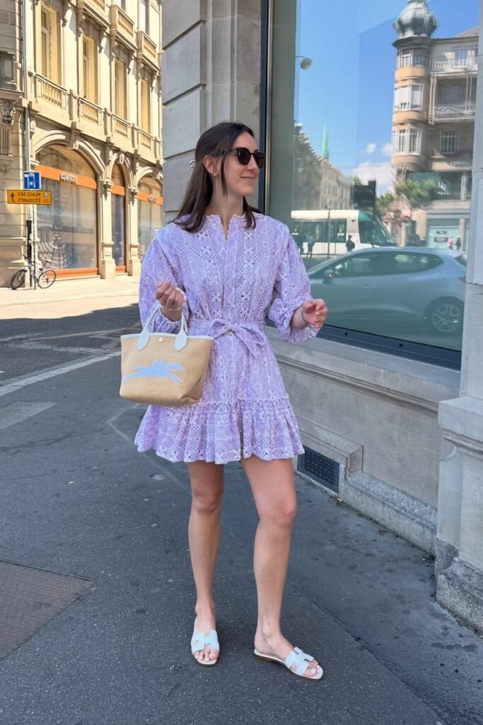 Lavender Eyelet Mini Dress + White Slide Sandals + Straw Tote Bag