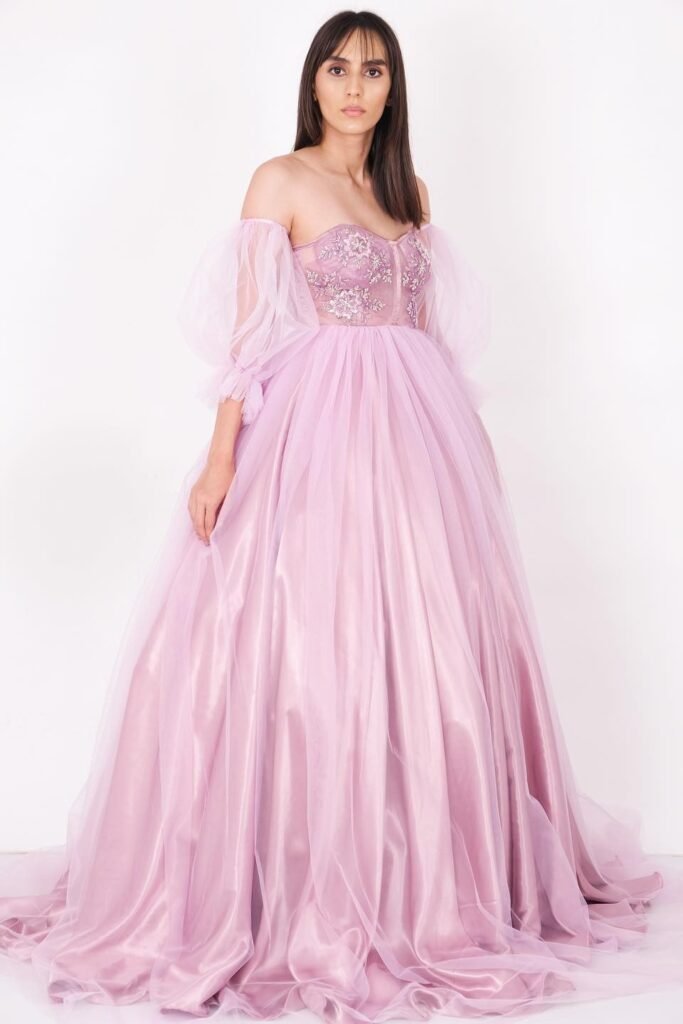 Lavender Off-the-Shoulder Gown + Sheer Puff Sleeves + Embroidered Bodice