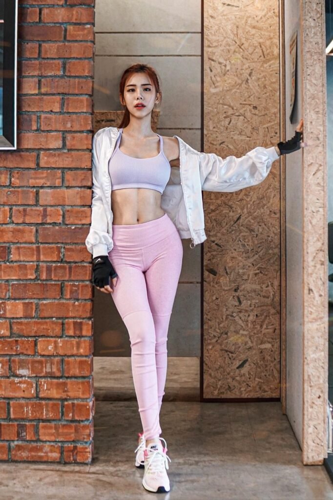 Lavender Sports Bra & White Satin Bomber + Pink Ribbed Leggings + White & Pink Trainers