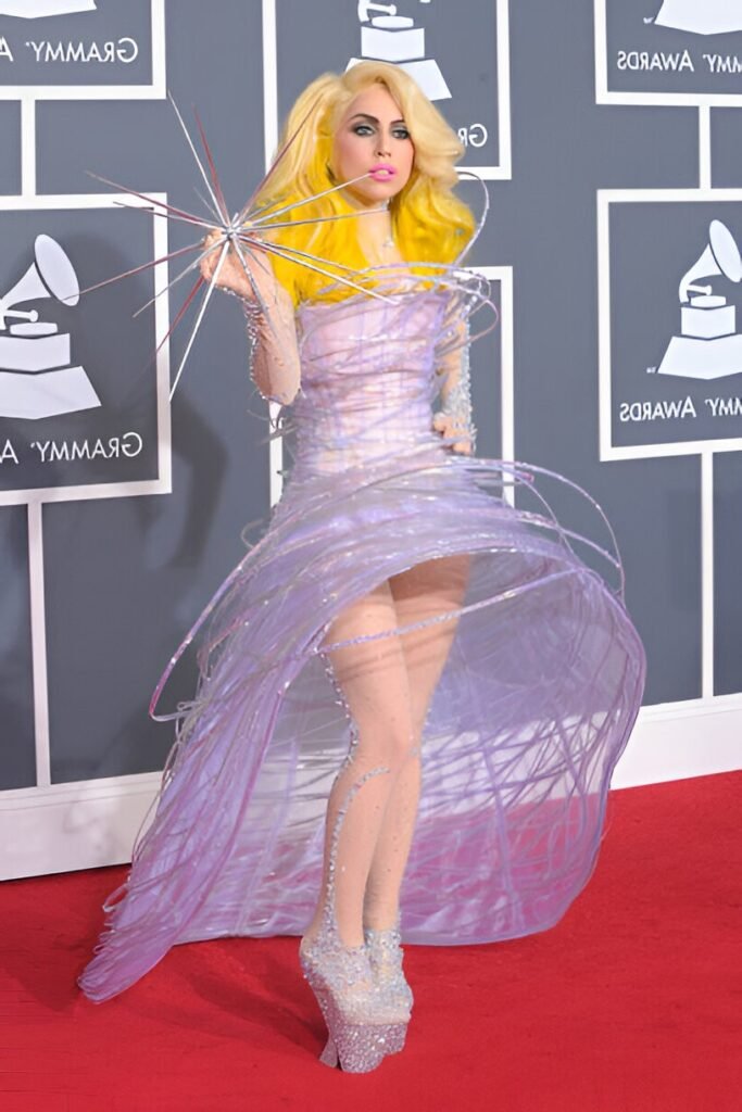 Lavender Wire-frame Orbit Dress + Yellow Wig + Silver Glitter Platform Wedges