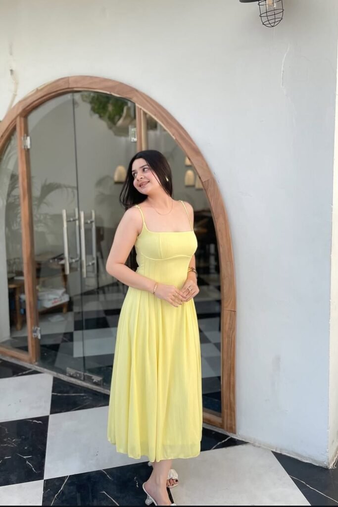 Lemon Yellow Spaghetti Strap Pleated Midi Dress + White Ruched Mules