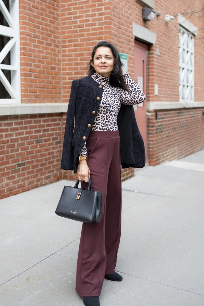 Leopard Print Turtleneck + Deep Plum Wide-Leg Trousers + Black Textured Blazer
