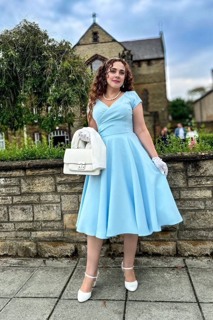Light Blue A-Line Fit-and-Flare Dress + White Pointed-Toe Heels + White Formal Gloves
