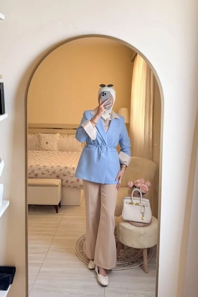 Light Blue Belted Blazer + Beige Tailored Trousers + Cream Pointed Flats