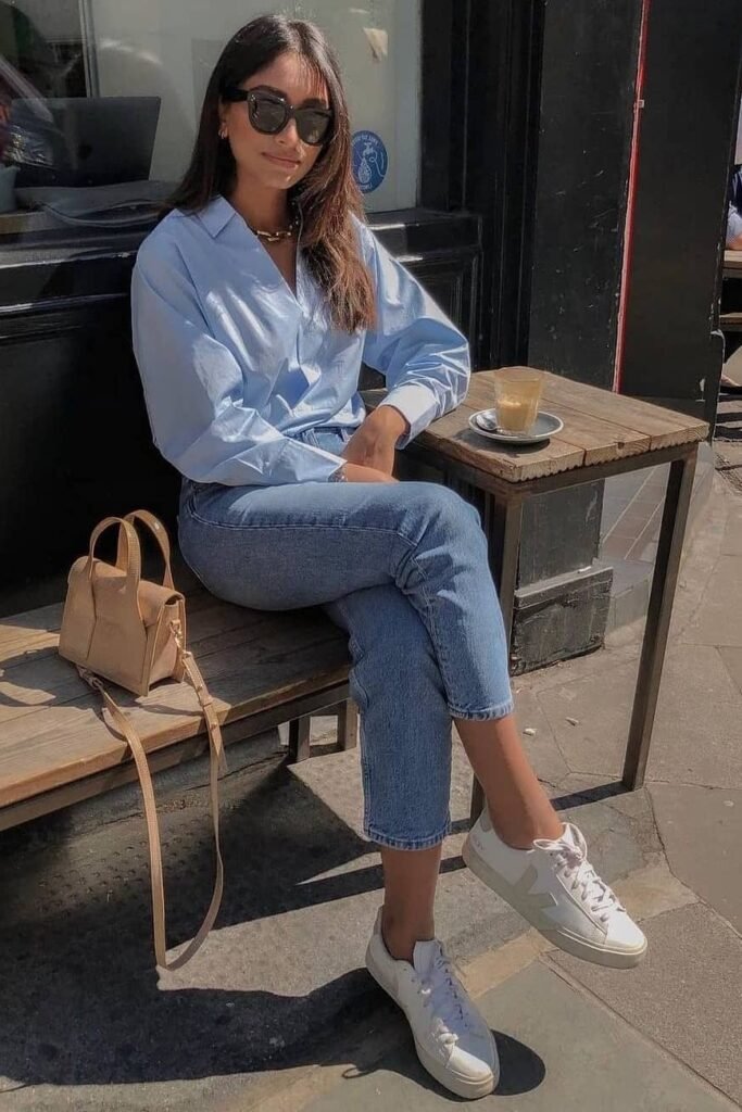 Light Blue Button-Down + Medium Wash Cropped Jeans + White Sneakers