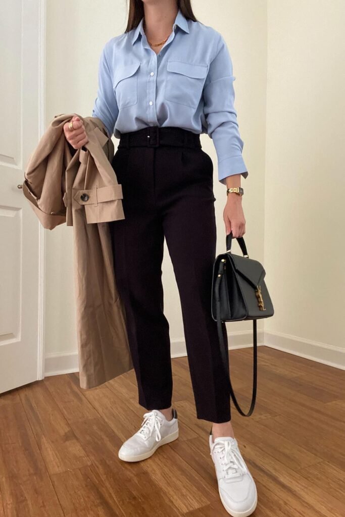 Light Blue Button-Down Shirt + Black Belted Trousers + White Sneakers + Tan Trench Coat