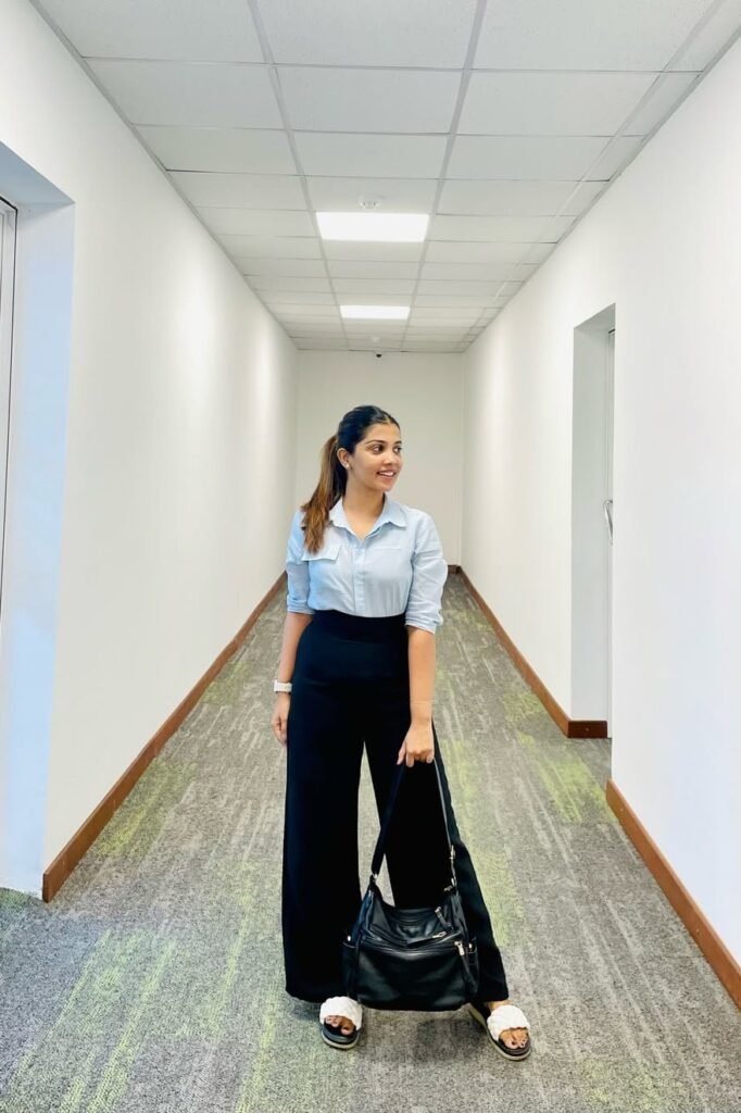 Light Blue Button-Down Shirt + Black High-Waisted Wide-Leg Pants + White Strappy Sandals