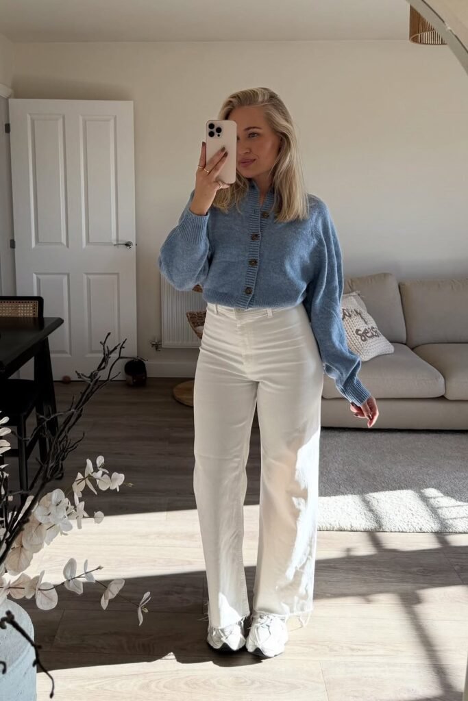 Light Blue Button-Up Cardigan + Off-White Wide-Leg Trousers + White Chunky Sneakers
