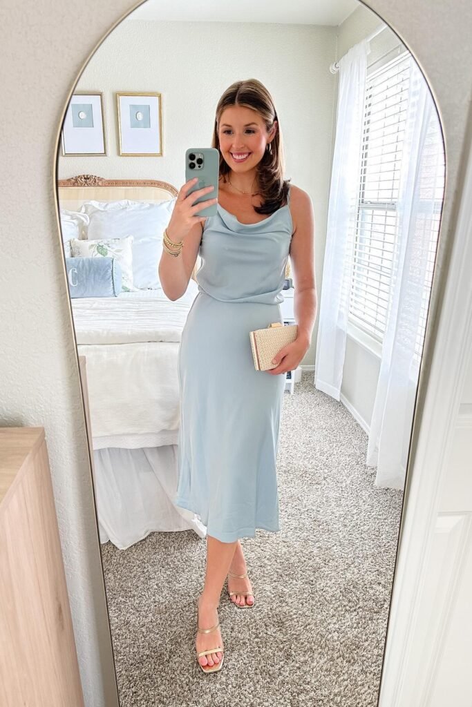 Light Blue Cowl Neck Midi Dress + Gold Strappy Sandals + Straw Clutch