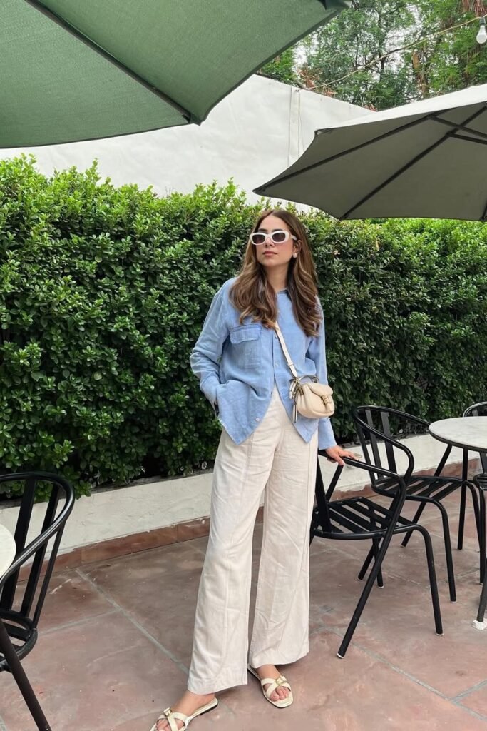 Light Blue Denim Shirt + Cream Wide-Leg Trousers + Beige Strappy Sandals