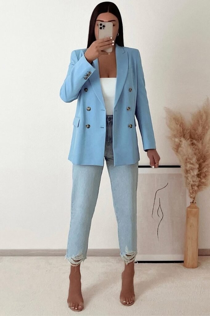 Light Blue Double-Breasted Blazer + White Bodysuit + Distressed Light Wash Jeans