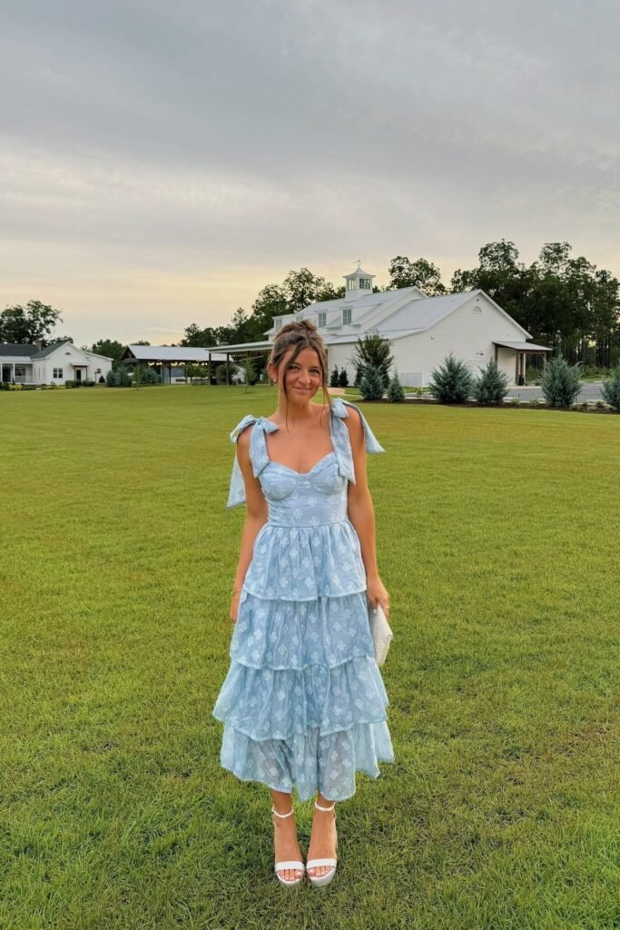 Light Blue Floral Tiered Midi Dress + Tie-Shoulder Straps + White Platform Heeled Sandals