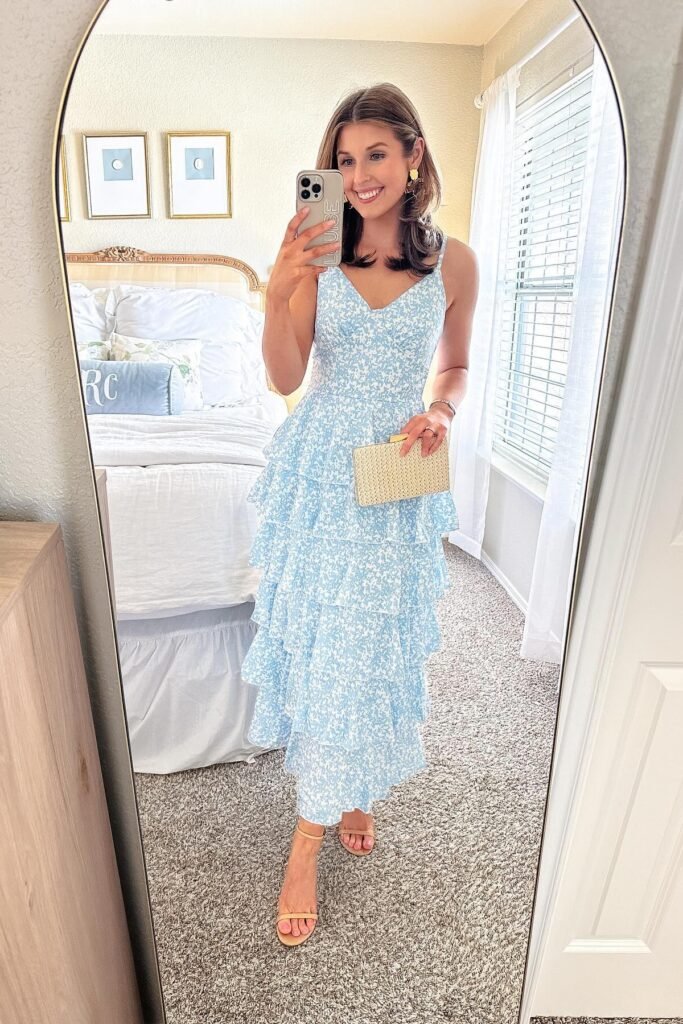 Light Blue Floral Tiered Ruffle Midi Dress + Tan Strappy Sandals + Straw Box Clutch
