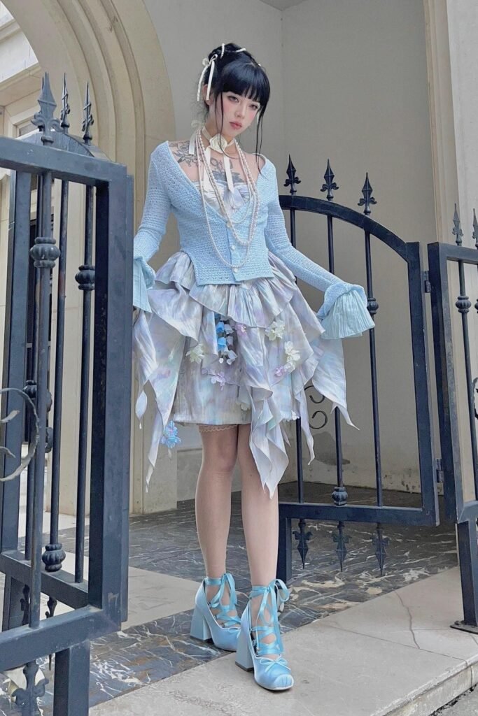 Light Blue Knit Cardigan + Iridescent Ruffled Mini Skirt + Blue Satin Lace-up Platform Heels