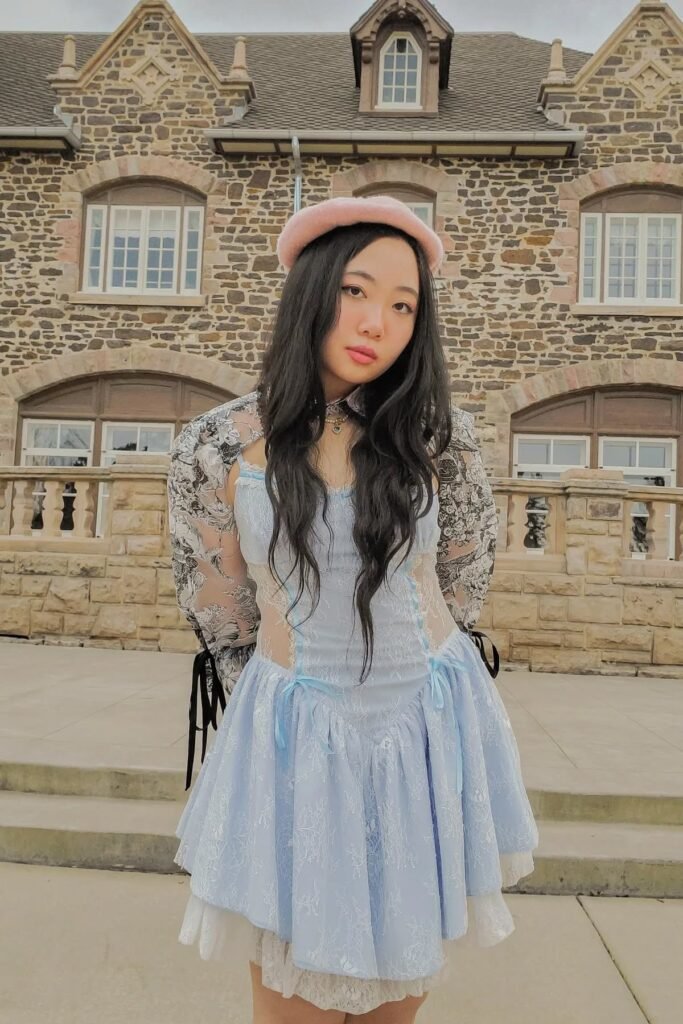 Light Blue Lace Mini Dress + Floral Sheer Mesh Shrug + Pink Beret