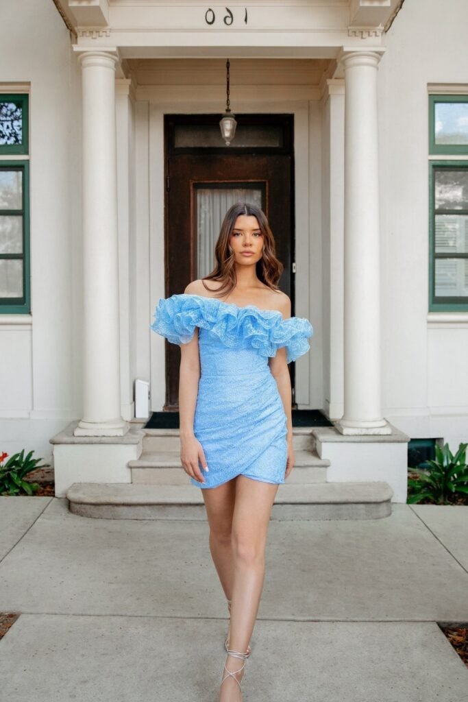 Light Blue Lace Off-the-Shoulder Ruffle Mini Dress + White Lace-up Heels