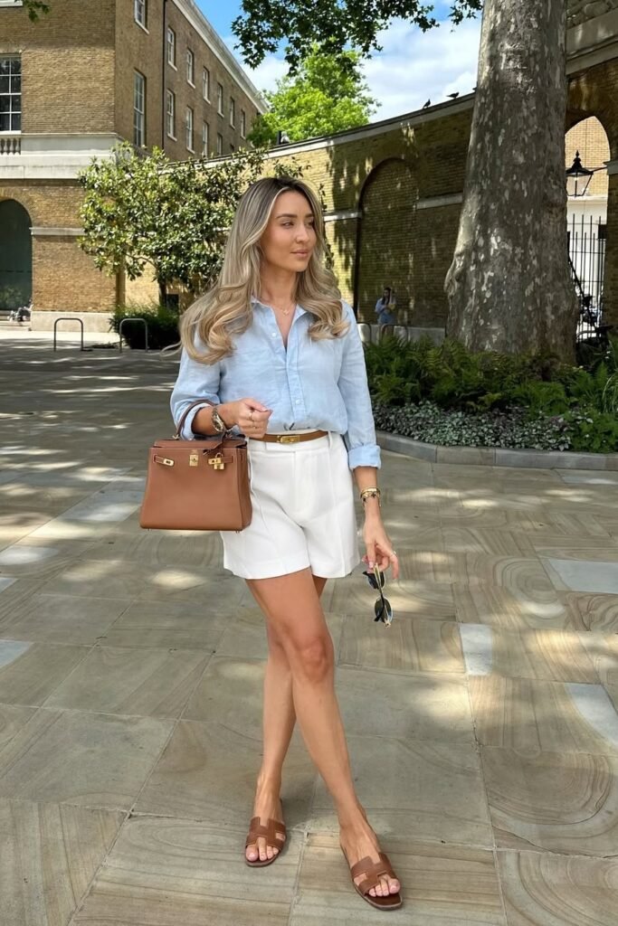 Light Blue Linen Shirt + White High-Waisted Shorts + Tan H-Strap Sandals