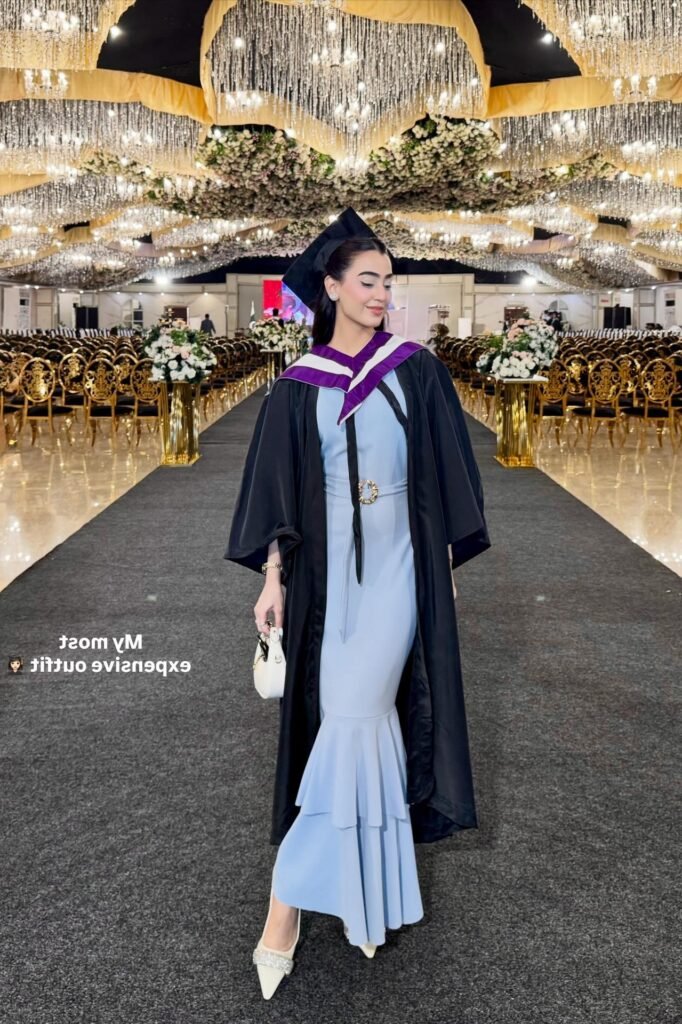 Light Blue Mermaid Dress + Black Graduation Gown with Purple Hood + Cream Pointed Heels