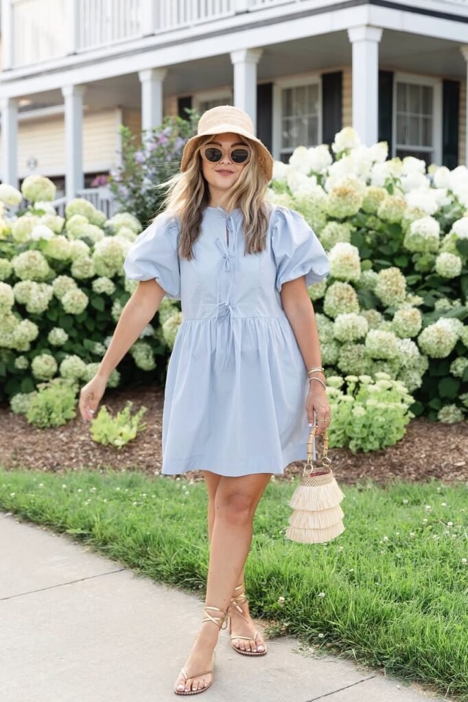 Light Blue Puff-Sleeve Mini Dress + Straw Sun Hat + Gold Lace-up Sandals