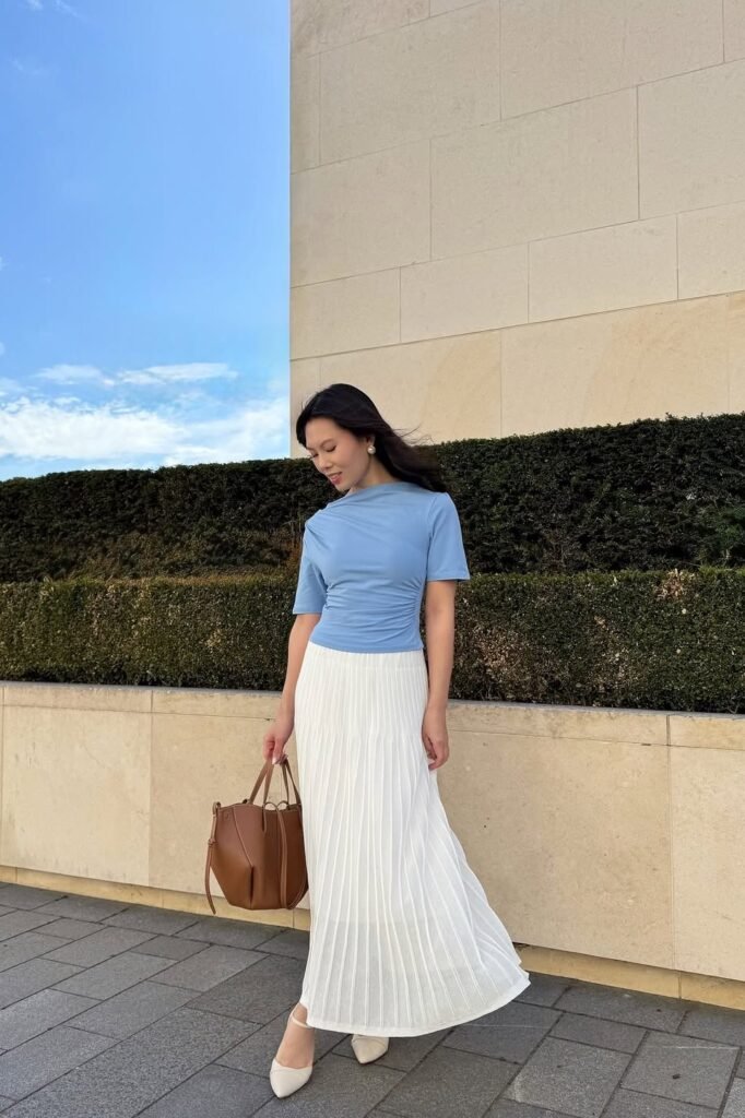Light Blue Ruched Tee + White Pleated Maxi Skirt + Cream Pointed Heels