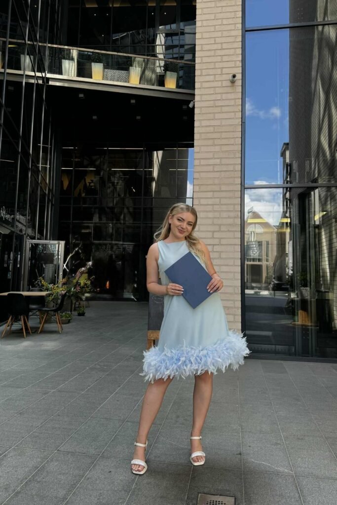 Light Blue Sleeveless Shift Dress with Feather Trim + White Embellished Block Heels