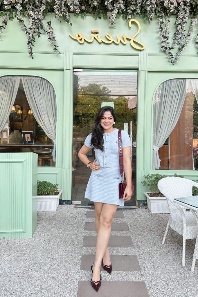 Light Blue Tweed Short-Sleeve Top + Matching Light Blue Tweed Mini Skirt + Burgundy Pointed-Toe Slingbacks