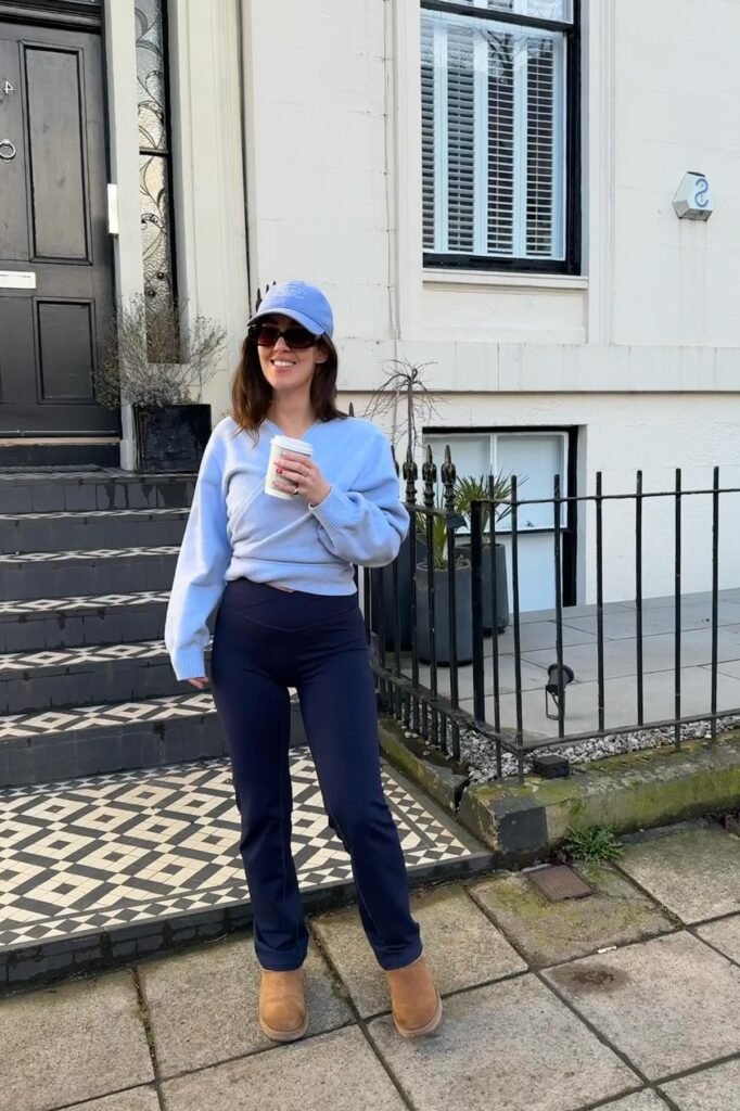 Light Blue Wrap Sweater + Navy Blue Flared Leggings + Tan Shearling Boots