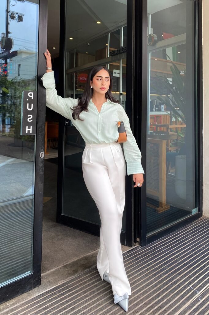 Light Green Button-Down Shirt + White High-Waisted Trousers + Light Blue Pointed Heels