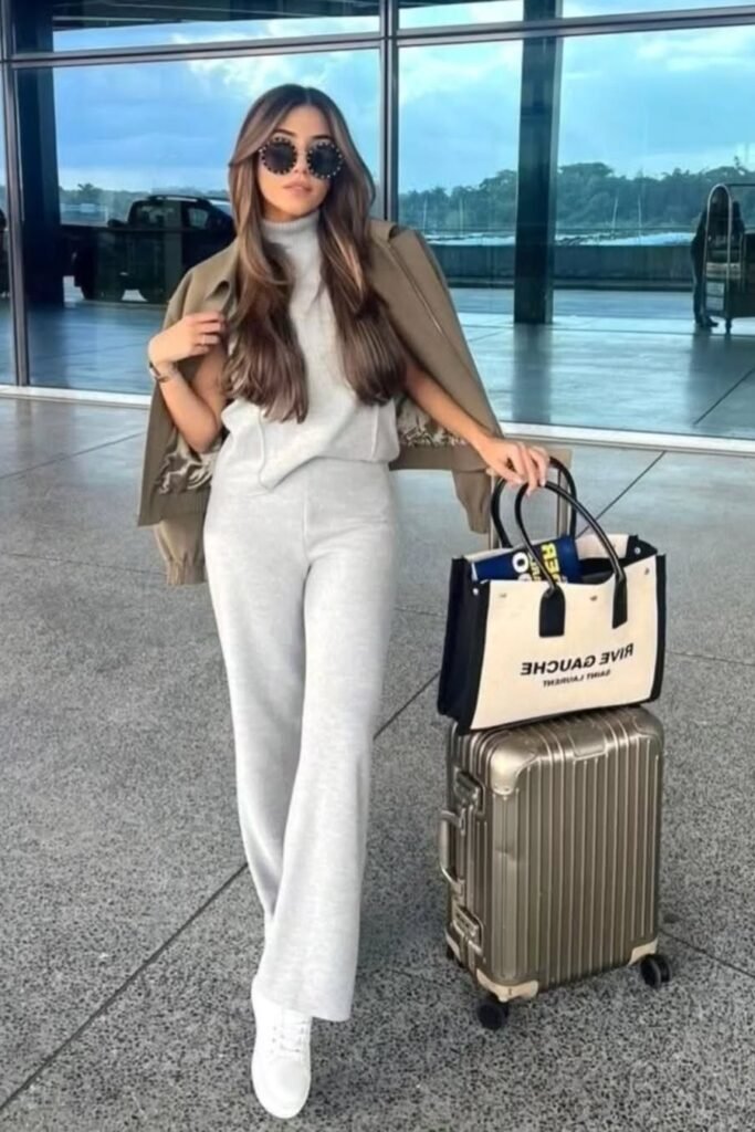 Light Grey Knit Turtleneck & Matching Trousers + Olive Green Bomber Jacket + White Platform Sneakers