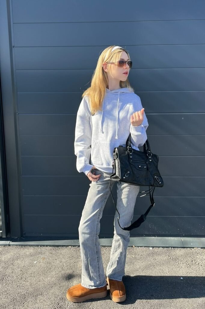 Light Grey Oversized Hoodie + Grey Flare Jeans + Chestnut Platform Boots