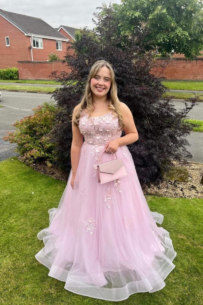 Light Pink Floral Appliqué Ballgown + Sparkly Envelope Clutch + Silver Braces