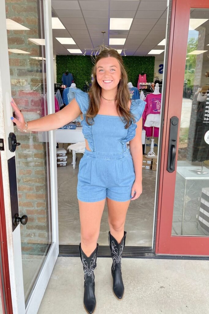 Light Wash Denim Ruffle Romper + Black Embroidered Cowboy Boots