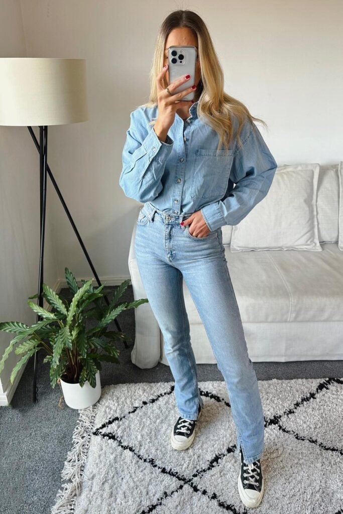 Light Wash Denim Shirt + Matching Light Wash Straight-Leg Jeans + Black and White Sneakers