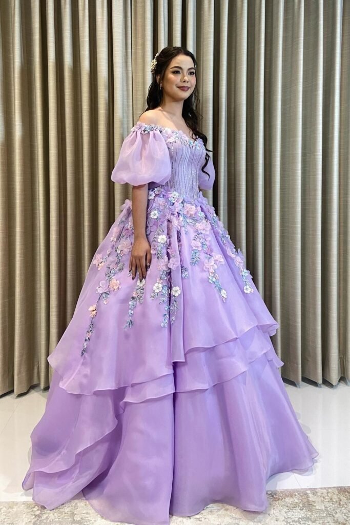 Lilac Layered Organza Gown + 3D Floral Embellishments + Short Puff Sleeves