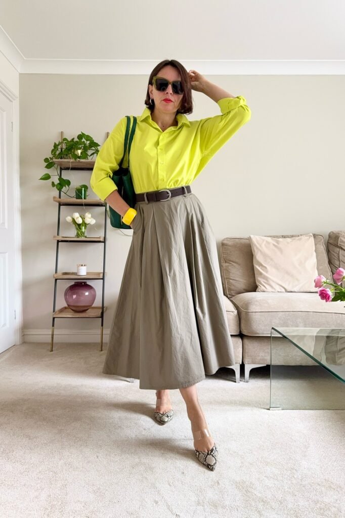 Lime Green Button-Down Shirt + Olive Green Pleated Maxi Skirt + Snakeskin Pointed-Toe Mules